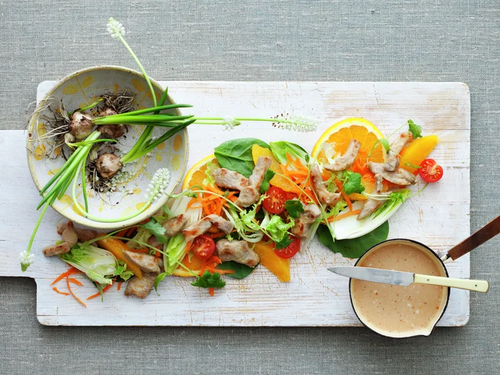 Thaisalat med appelsin og strimlet svinekj&#248;tt